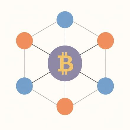 Decentralised peer-to-peer network diagram with the Bitcoin symbol at the centre connected to surrounding nodes