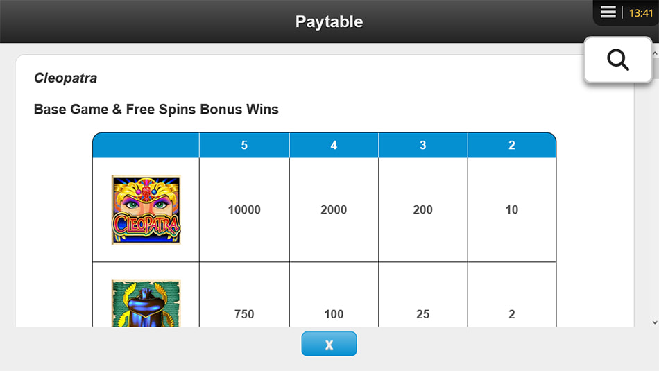 Paytable & symbols of Cleopatra online slot game