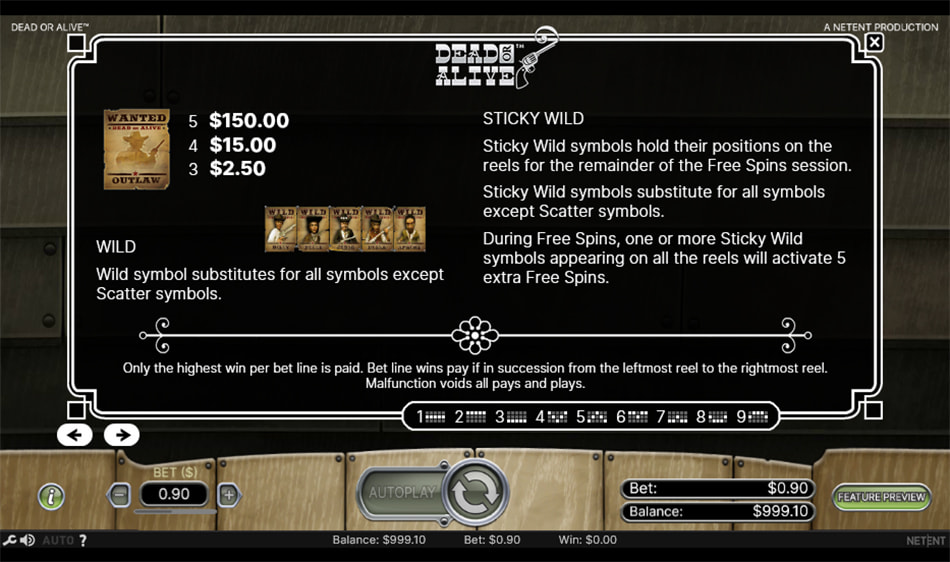 Paytable & symbols of Dead or Alive online slot game
