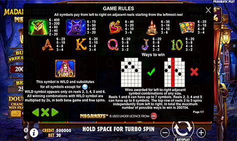 Paytable & Symbols of Madame Destiny Megaways Online Slot Game
