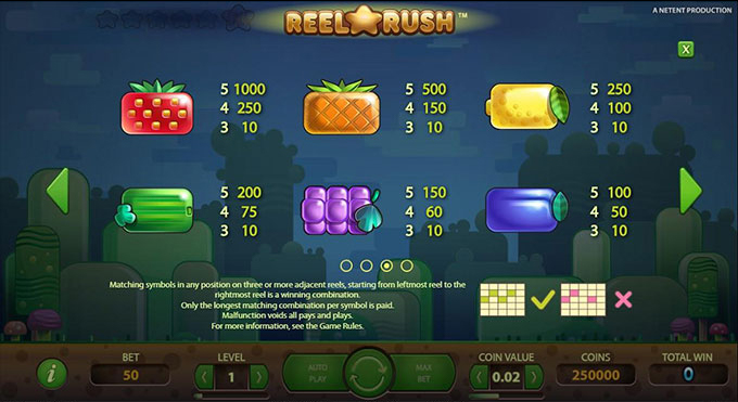 Paytable & Symbols of Reel Rush Online Slot Game