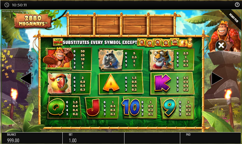 Paytable & Symbols of Return of Kong Megaways Online Slot Game