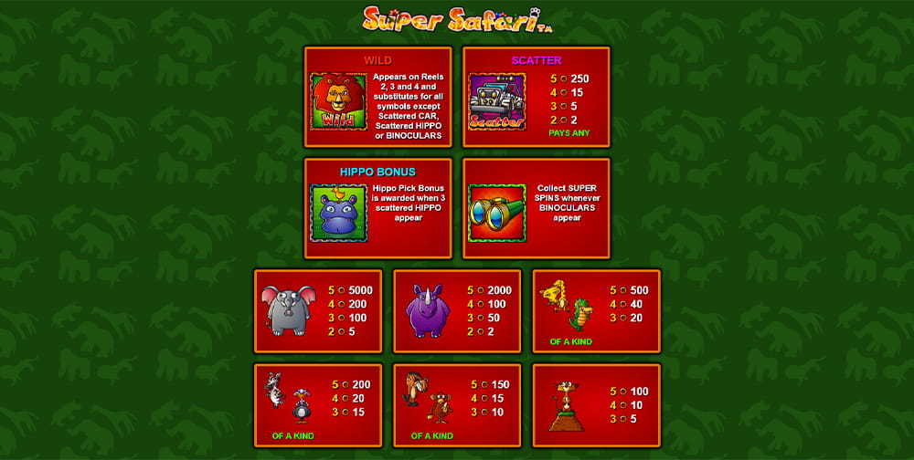 Paytable & Symbols of Super Safari Online Slot Game