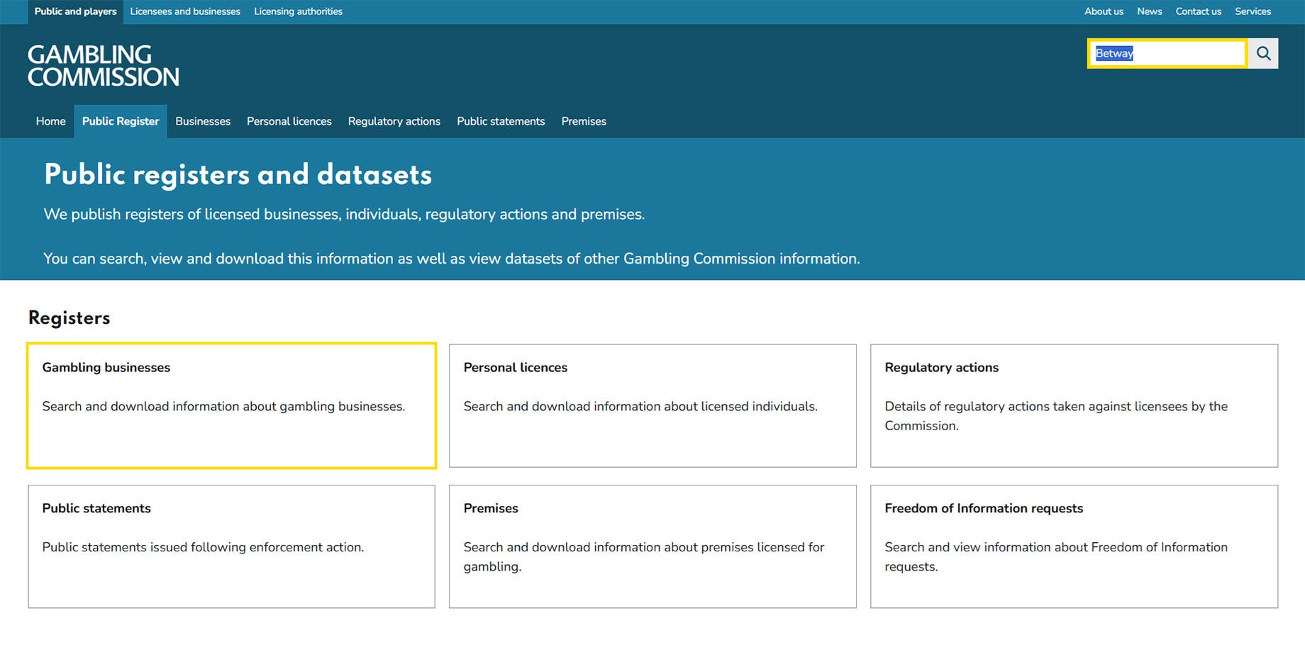 UKGC public register with the search box and the Gambling businesses button highlighted