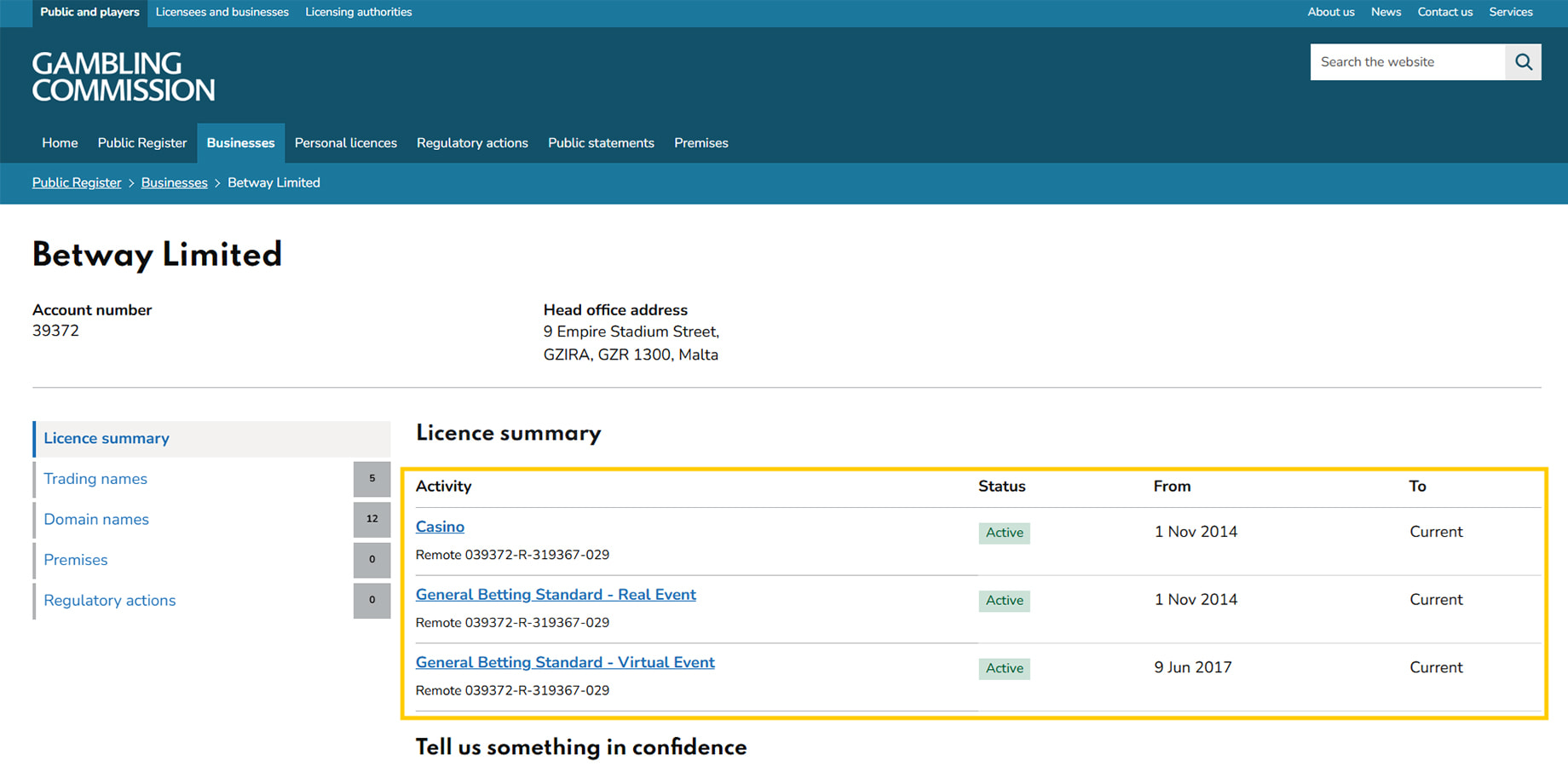 Betway Limited licence record on the UKGC register with the status Active - 1 Nov 2014 - Current highlighted