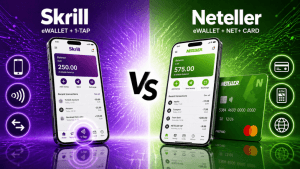 Skrill vs Neteller eWallet comparison: Skrill app with 1-Tap feature on smartphone next to Neteller app with Net+ Mastercard