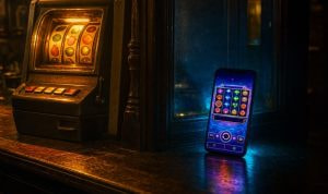 Vintage fruit machine beside a smartphone showing an online slot